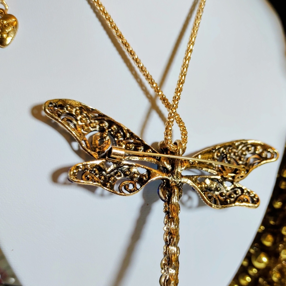Betsey Johnson Blue and Gold Dragonfly Necklace & Brooch Combined Into 1 - Picture 4 of 4